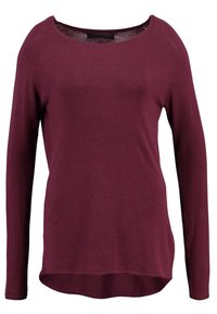Maglione borgogna a maniche lunghe con scollo rotondo, dettagli a costine nei polsini e una vestibilità rilassata con orlo leggermente curvo. Tessuto morbido.
