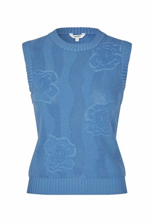 Mouwloze blauwe gebreide top met een gestructureerd bloemenpatroon en geribde zoom. Gemaakt van lichtgewicht materiaal, geschikt voor lagen of om alleen te dragen.