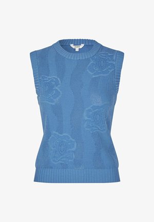 Mouwloze blauwe gebreide top met een gestructureerd bloemenpatroon en geribde zoom. Gemaakt van lichtgewicht materiaal, geschikt voor lagen of om alleen te dragen.