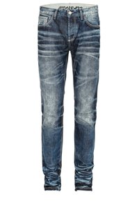 Jeans slim fit en denim bleu foncé avec des accents délavés. Comprend cinq poches, des coutures contrastées et une fermeture à bouton.