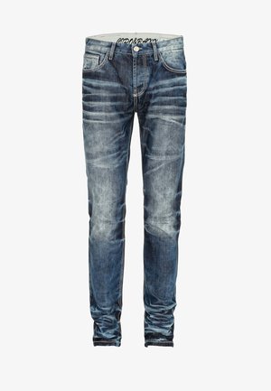 Slim-fit jeans in dark blue denim with faded accents. Features five pockets, contrasting stitching, and a button closure.
