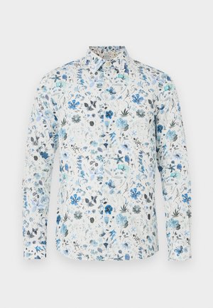Košile s dlouhým rukávem z bílé látky s květinovým vzorem v modrých, tyrkysových a šedých odstínech, s košilovým límečkem na knoflíky a zaobleným lemem.