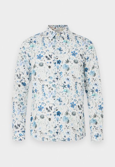 Hosszú ujjú ing, fehér anyagból, kék, kékeszöld és szürke tónusú virágmintával, gombos gallérral és lekerekített szegéllyel.