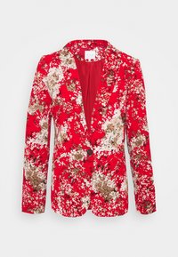 Červený květinový blazer s přiléhavým střihem, zdobený květinovým potiskem v bílých a hnědých odstínech, a s jedním černým knoflíkem na zapínání.