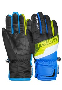Guanti impermeabili neri con dettagli blu, verdi e bianchi. Palmo testurizzato per una migliore presa. Polsino elastico con cinturino in Velcro per una vestibilità sicura.
