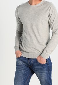 Helles grauer Langarm-Pullover mit Rundhalsausschnitt aus weichem Material, kombiniert mit blauen Jeans. Verfügt über gerippte Bündchen und Saum.