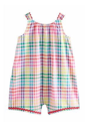 Nátelník bez rukávov pre batoľa s viacfarebným pastelovým károvaným vzorom, riasenými ramienkami a červenou zubatou lemovkou na otváraní nôh.