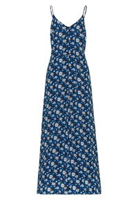 Robe maxi bleue avec un motif floral blanc, dotée de fines bretelles et d'une taille ajustée, jupe fluide et détails de boutons à l'avant.