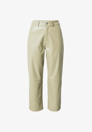 Beige faux leather cropped pants with button closure, belt loops, and stitched knee details, shown on a white background.