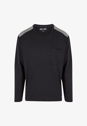 Maglietta nera a maniche lunghe realizzata in un tessuto testurizzato, con un pannello in rete grigio sulle spalle e una piccola tasca sul davanti.