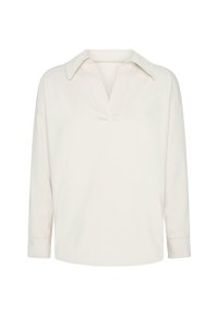 Ilgaapykaklė balta marškinė su plačiu apykakliu ir V formos iškirpte, pasižyminti laisvu prigludimu ir paprastu, švariu dizainu.