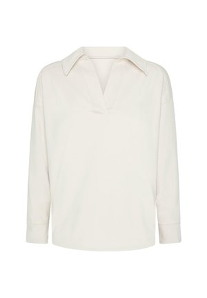 Dlouhý rukáv off-white košile s širokým límcem a výstřihem do V, který se vyznačuje volným střihem a jednoduchým, čistým designem.