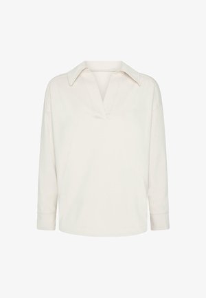 Long-sleeve off-white shirt with wide collar and V-neck, featuring a relaxed fit and simple, clean design.