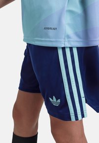 Vaaleansininen gradientti urheilupaita, jossa on painettu AEROREADY-teksti, yhdistettynä tummansinisiin shortseihin, joissa on kolme akvamarinin väristä raitaa ja brodeerattu logo.