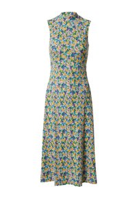 Ärmelloses Blumenkleid mit hohem Kragen, das ein Muster aus kleinen, bunten Blumen auf einem hellen Hintergrund zeigt. A-Linie Silhouette.