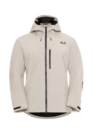 Beige waterproof jacket with a hood, black zipper, and logo. Features angled seams, elastic cuffs, and a zippered chest pocket.