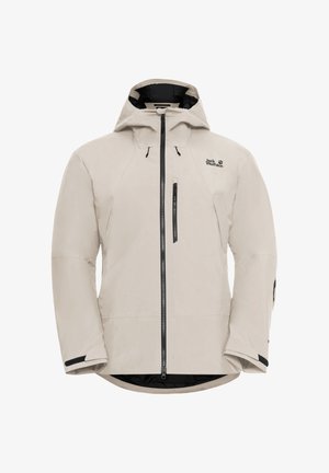 Beige waterproof jacket with a hood, black zipper, and logo. Features angled seams, elastic cuffs, and a zippered chest pocket.
