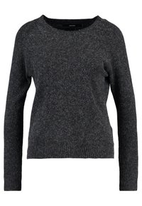 Dunkelgrauer Pullover aus weichem, strukturiertem Stoff mit Rundhalsausschnitt und langen Ärmeln, der einen leicht lockeren Schnitt und gerippte Bündchen hat.