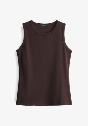Brown ribbed tank top with a round neckline and sleeveless design. Smooth texture, fitted shape, and a straight hem at the bottom.