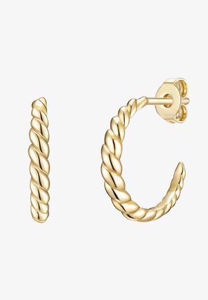 Zelta gredzenveida auskari ar vērptu dizainu, pulētu apdari un drošu aizmugurējo aizdari. Forma ir apaļa ar teksturētu virsmu.