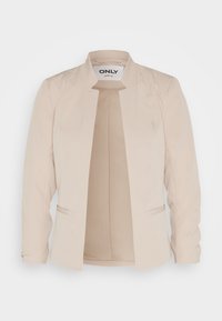 Blazer beige claro con cuello mandarín, mangas largas, bolsillos frontales y textura de tela suave. Diseño con apertura frontal.