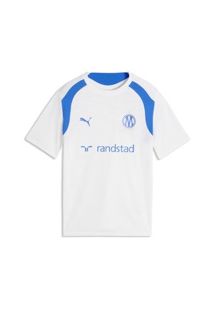 Biało-niebieska sportowa koszulka Puma z logo sponsora Randstad i okrągłym emblematem klubu piłkarskiego Marsylia na piersi.