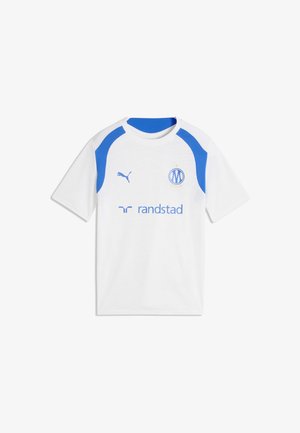 Hvid og blå Puma sportstrøje med Randstad sponsors logo og cirkulært Marseille fodboldklub emblem på brystet.