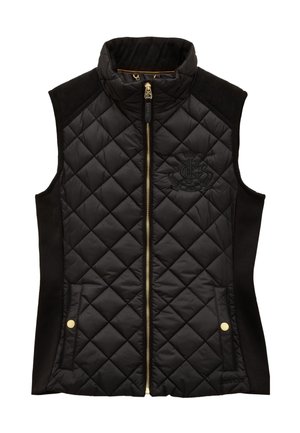 Schwarze gesteppte ärmellose Weste mit Frontreißverschluss, hohem Kragen, seitlichen Taschen mit goldenen Knöpfen und dezent besticktem Logo auf der Brust.