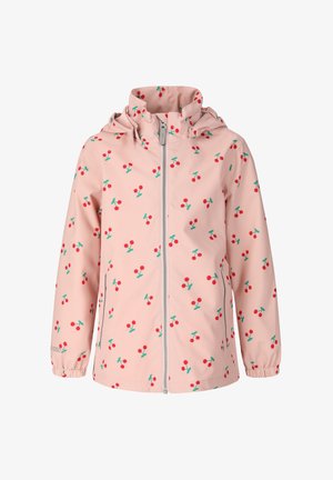 Veste à capuche rose clair pour enfants avec motifs de cerises rouges, fermeture éclair à l'avant, poignets élastiques et poches latérales, présentée sur fond blanc.
