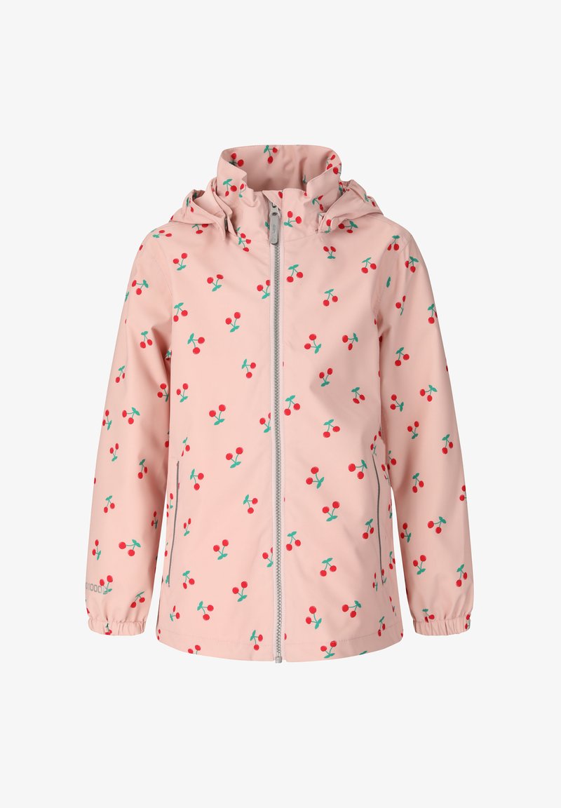 Veste à capuche rose clair pour enfants avec motifs de cerises rouges, fermeture éclair à l'avant, poignets élastiques et poches latérales, présentée sur fond blanc.