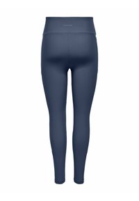 Tengerészkék leggings, magas derékkal, sima textúrával és testhezálló fazonnal. Hátsó nézetből bemutatva.