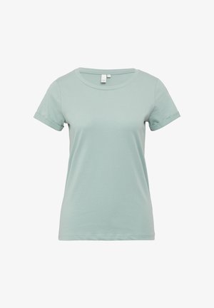 Gaiši zils īsām piedurknēm kokvilnas T-krekls ar noapaļotu kakla izgriezumu un sarullētām piedurknēm. Gluda tekstūra un parasta piegriezuma, ar vienkāršu dizainu.