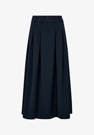 Sügavsinine voltidega seelik, valmistatud siledast kangast, millel on figureeriv vöökoht, küljetaskud ja voolav A-lõikega siluett.