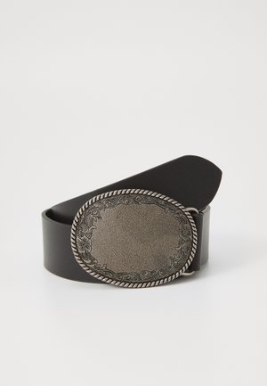 Black leather belt featuring a large, ornate silver metal buckle with engraved floral designs and a textured surface.