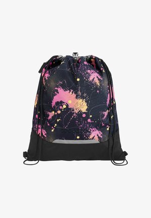 Drawstring backpack with black base, colorful pink and yellow paint splatter pattern, and adjustable black cords for closure and straps.