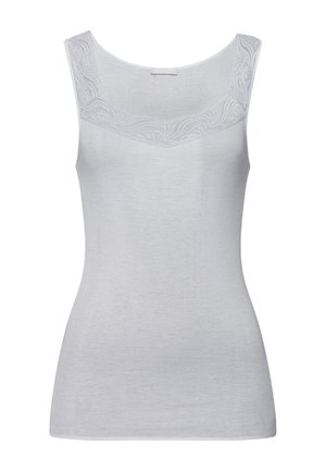 Lysegrå ærmeløs top med brede blonde stropper og blonde detaljer langs den firkantede halsudskæring, tætsiddende silhuet.