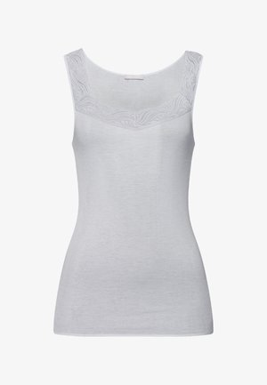 Lichtgrijze mouwloze top met brede kanten bandjes en kanten details langs de vierkante halslijn, aansluitende silhouet.