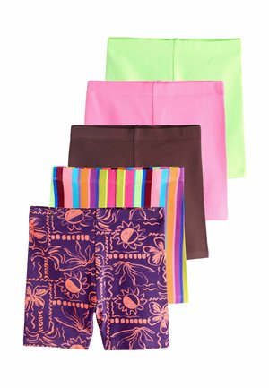 Five pairs of girls' shorts in stacked arrangement, featuring solid green, pink, and brown, one striped multicolor, and one purple with pink floral patterns.