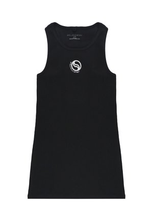 Abito nero aderente senza maniche con scollo rotondo e piccolo logo bianco Stella McCartney centrato sul petto.