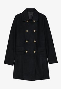 Manteau noir croisé en tissu doux, orné de boutons dorés, avec deux poches avant et un design plissé à l'arrière.