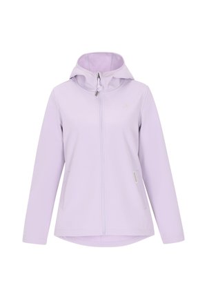 Jachetă din fleece de culoare mov deschis, cu fermoar complet, glugă ajustabilă și două buzunare. Textură netedă și un design cu un hem posterior mai lung.
