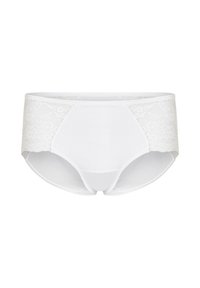 Weiße Unterwäsche mit einer glatten, einfarbigen Vorderseite; Spitze an den Seiten; hochgeschnittener Schnitt; weiches Material; keine Muster oder sichtbare Beschläge.