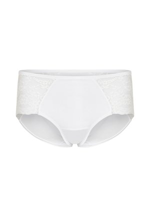 Weiße Unterwäsche mit einer glatten, einfarbigen Vorderseite; Spitze an den Seiten; hochgeschnittener Schnitt; weiches Material; keine Muster oder sichtbare Beschläge.