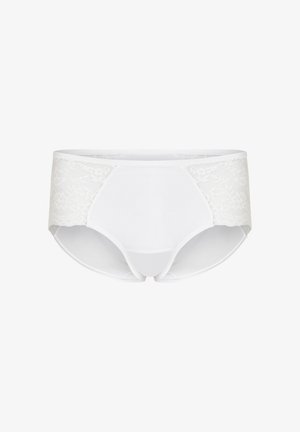 Witte ondergoed met een gladde, eendelige voorkant; kanten accenten aan de zijkanten; hoge taille ontwerp; zachte stof; geen patronen of zichtbare hardware.