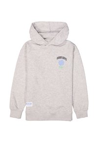 Sudadera gris de tela suave con mangas largas, un bolsillo frontal y capucha con cordón. Presenta un texto impreso en azul oscuro y claro.