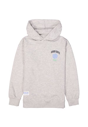 Sweat à capuche gris en tissu doux avec des manches longues, une poche avant et un cordon de serrage. Présente un texte imprimé en bleu foncé et clair.