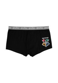 Boxer di colore nero per uomo con elastico grigio, con la scritta ripetuta "Harry Potter" e il stemma di Hogwarts sul lato anteriore destro.