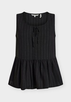 Bluză neagră fără mâneci cu dungi verticale albe subțiri, decolteu rotund, detaliu cu fundă în față și tiv peplum adunat.