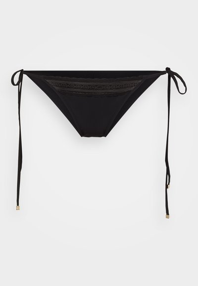 Black bikini bottom with adjustable tie sides, featuring a lace trim across the front. Smooth fabric with metallic accents on the ties.