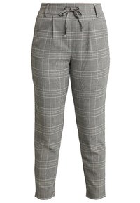 Pantaloni a quadri grigi realizzati in tessuto leggero. Presentano una vita elastica con cordoncini, pieghe frontali e gambe affusolate.